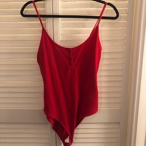 Red button down tank body suit